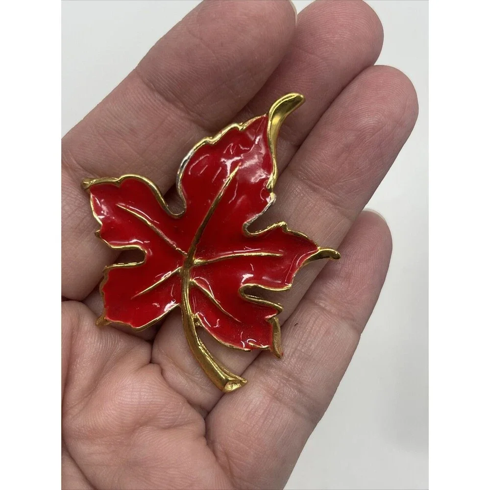 Gold Tone Red Enamel Leaf Brooche And Matching Clip Earring Set New